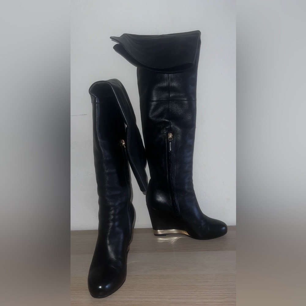 CHANEL Black Over the Knee Wedge Boots